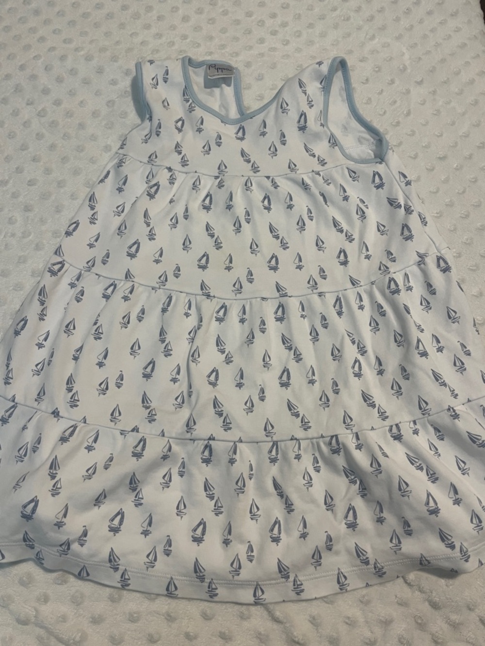 Tiered White Dress with Blue Sailboat Print